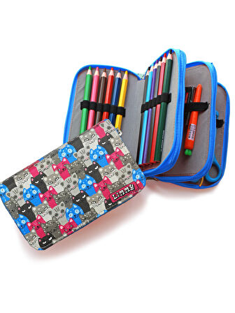 Kalem Kutusu Sevimli Kedi Kawai Organizer Kalemkutu Vegan Deri Üç Bölmeli Kalemlik - Mavi