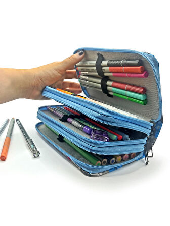 Kalem Kutusu Sevimli Kedi Kawai Organizer Kalemkutu Vegan Deri Üç Bölmeli Kalemlik - Mavi