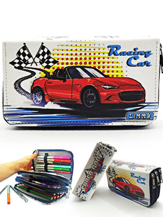 Kalem Kutusu Araba Desenli Kawai Organizer Kalemkutu Vegan Deri Üç Bölmeli Kalemlik Siyah