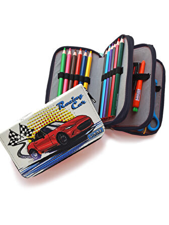 Kalem Kutusu Araba Desenli Kawai Organizer Kalemkutu Vegan Deri Üç Bölmeli Kalemlik Siyah