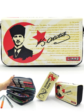 Kalem Kutusu Mustafa Kemal Atatürk Temalı Türk Bayraklı Kalemkutu Vegan Deri Üç Bölmeli Kalemlik