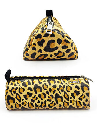 Kalem Kutusu Üçgen Leopar Desenli Kalemkutu Jumbo Vegan Deri Kalemlik