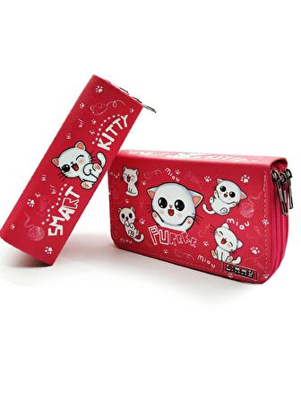 Kalem Kutusu Beyaz Kedi Kawai Organizer Kalemkutu Vegan Deri Üç Bölmeli Kalemlik