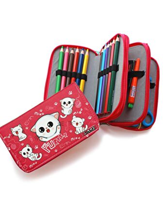 Kalem Kutusu Beyaz Kedi Kawai Organizer Kalemkutu Vegan Deri Üç Bölmeli Kalemlik