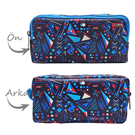 Kalem Kutusu Mavi Geometrik Kalemkutu Vegan Deri İki Bölmeli Kalemlik 