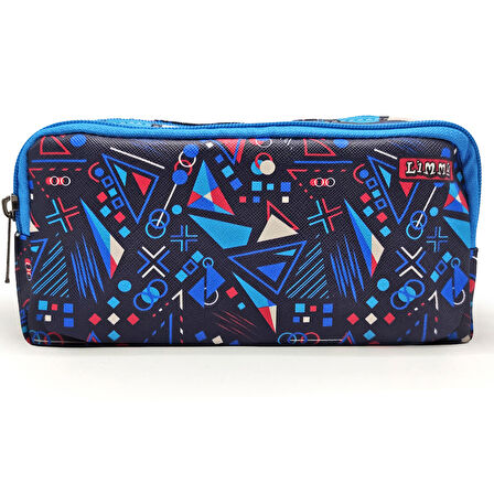 Kalem Kutusu Mavi Geometrik Kalemkutu Vegan Deri İki Bölmeli Kalemlik 