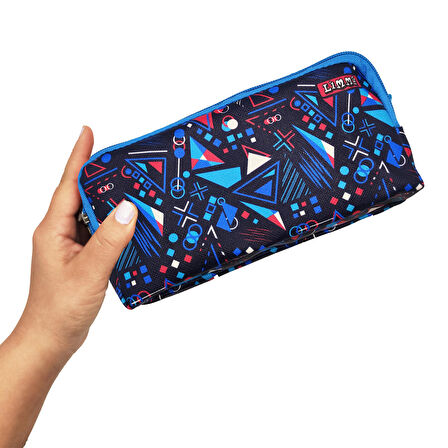 Kalem Kutusu Mavi Geometrik Kalemkutu Vegan Deri İki Bölmeli Kalemlik 