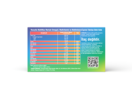 Rossylia MultiMax Omega-3, Folik Asit, İyot, B12 içeren Multivitamin ve Multimineral 30 Kapsül