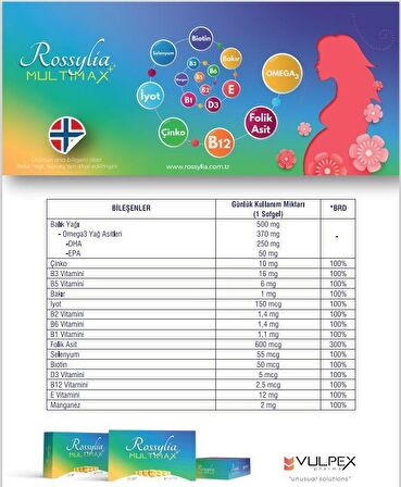 Rossylia MultiMax Omega-3, Folik Asit, İyot, B12 içeren Multivitamin ve Multimineral 30 Kapsül