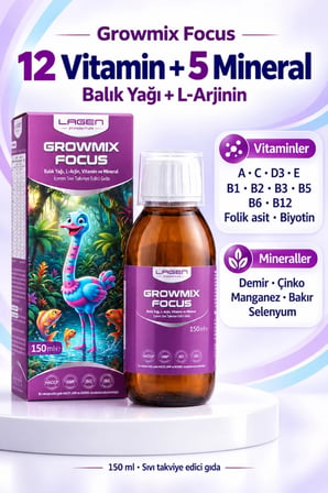 Growmix Focus Multivitamin, Balık Yağı, L-Arjinin ve Mineral İçeren Sıvı Takviye 150 ml