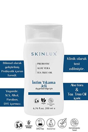 SKINLUX İntim Yıkama Jeli 200ml. Prebiotic, Vegan, 3.8ph, Koku Engelleyici