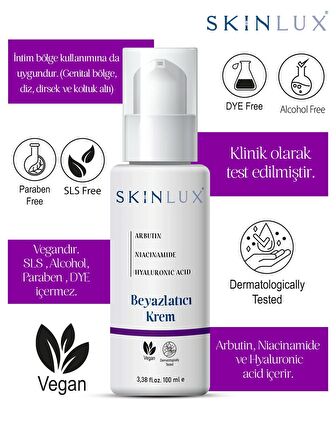 SKINLUX Beyazlatıcı Krem 100ml. Tüm Vücut Diz Dirsek Koltuk Altı Genital Bölge Kullanımına Da Uygundur.