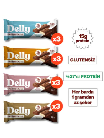 DELLY Çikolata Kaplı - Yüksek Proteinli Bar - Karışık Kutu 40g X 12 Adet