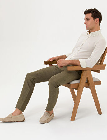 Erkek Keten Karışımlı Slim Fit Uzun Kollu Gömlek-Bej | 2XL