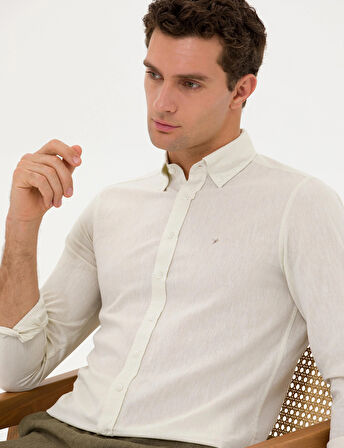 Erkek Keten Karışımlı Slim Fit Uzun Kollu Gömlek-Bej | 2XL