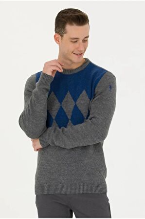 U.S. Polo Assn. Yuvarlak Yaka Desenli Gri-Melanj Erkek Kazak 1678184