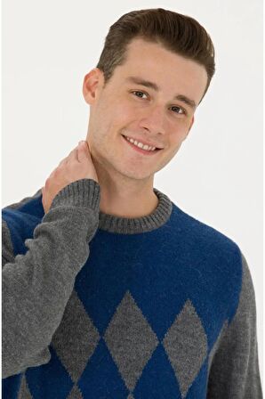 U.S. Polo Assn. Yuvarlak Yaka Desenli Gri-Melanj Erkek Kazak 1678184