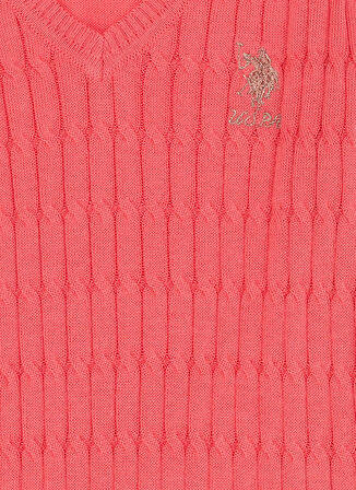 U.S. Polo Assn. V Yaka Slim Fit Örgü Desenli Pembe Kız Çocuk Kazak TD02-KIDS-BSK23