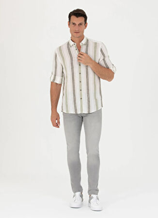 Cacharel Slim Fit Düğmeli Yaka Çizgili Haki Erkek Gömlek NOVA