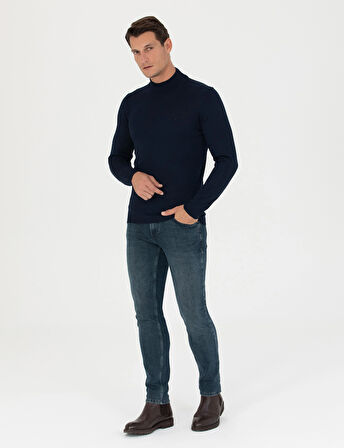 Erkek Slim Fit Basic Kazak - Lacivert | 2XL