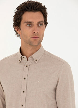 Cacharel Slim Fit Düğmeli Yaka Düz Bej Erkek Gömlek NEW ANGOLA