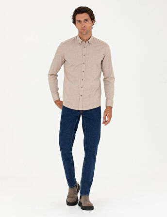 Erkek Slim Fit Uzun Kollu Gömlek-Bej | XL
