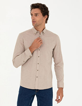 Erkek Slim Fit Uzun Kollu Gömlek-Bej | XL