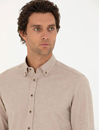 Erkek Slim Fit Uzun Kollu Gömlek-Bej | XL