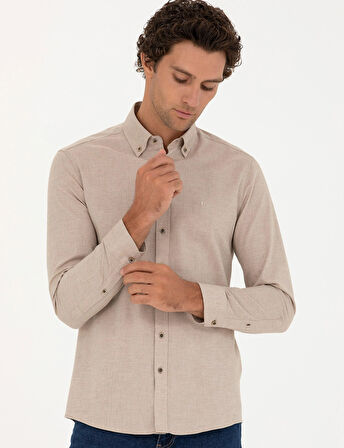 Erkek Slim Fit Uzun Kollu Gömlek-Bej | XL