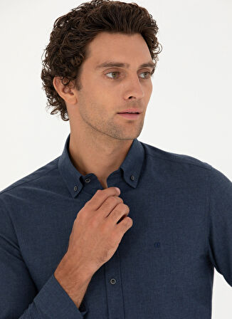 Cacharel Slim Fit Düğmeli Yaka Düz Lacivert Erkek Gömlek NEW ANGOLA