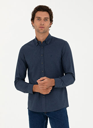 Cacharel Slim Fit Düğmeli Yaka Düz Lacivert Erkek Gömlek NEW ANGOLA