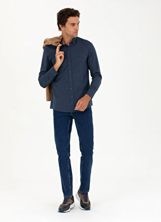 Cacharel Slim Fit Düğmeli Yaka Düz Lacivert Erkek Gömlek NEW ANGOLA