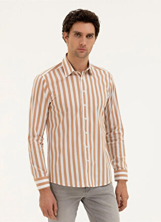 Cacharel Slim Fit Düğmeli Yaka Çizgili Kahve Erkek Gömlek ROLTES