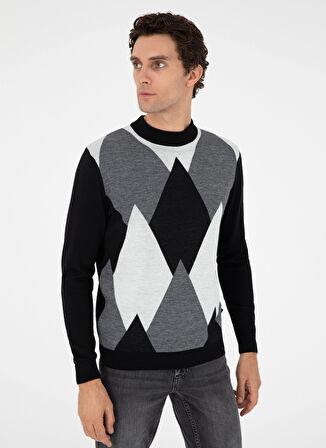 Cacharel Bisiklet Yaka Regular Fit Blok Desenli Siyah Erkek Kazak GRAZ