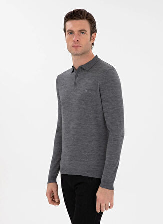 Cacharel Polo Yaka Slim Fit Düz Füme Erkek Kazak ELIP