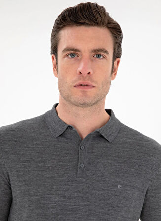 Cacharel Polo Yaka Slim Fit Düz Füme Erkek Kazak ELIP