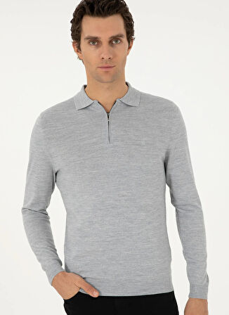 Cacharel Polo Yaka Regular Fit Düz Gri Erkek Kazak ELZIP