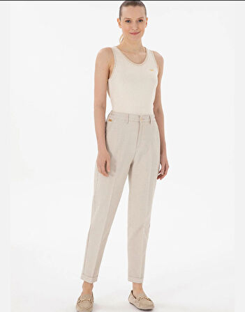 U.S. Polo Assn. Haki Kadın Çizgili Keten Karışımlı Carrot Fit Kanvas Pantolon DMK.2185010EGON25Y.