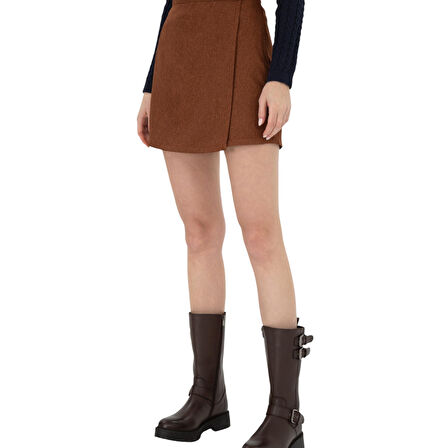 Kadın Kahverengi Mini Boy Dokuma Şort Etek