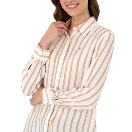 Kadın Beyaz Çizgili Uzun Kollu Gömlek