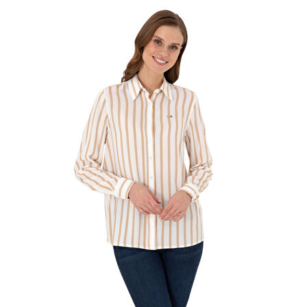 Kadın Beyaz Çizgili Uzun Kollu Gömlek