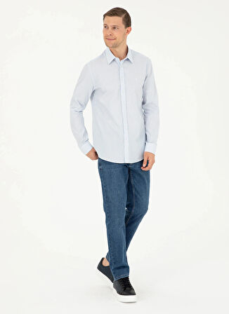 Cacharel Slim Fit Klasik Yaka Çizgili Mavi Erkek Gömlek SANZA