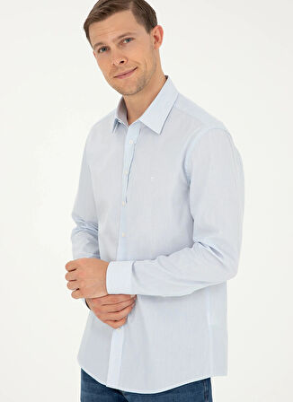 Cacharel Slim Fit Klasik Yaka Çizgili Mavi Erkek Gömlek SANZA