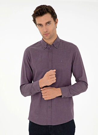 Cacharel Slim Fit Düğmeli Yaka Düz Mürdüm Erkek Gömlek NEW ANGOLA