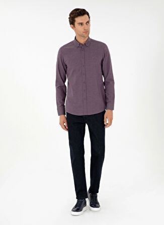 Cacharel Slim Fit Düğmeli Yaka Düz Mürdüm Erkek Gömlek NEW ANGOLA