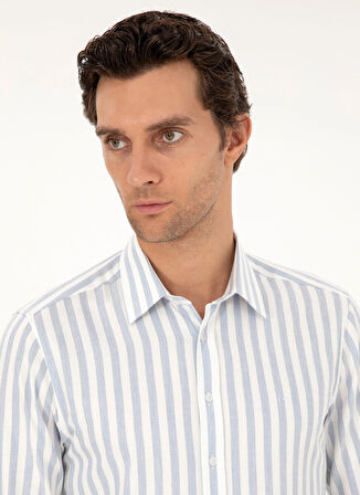 Cacharel Slim Fit Klasik Yaka Çizgili Mavi Erkek Gömlek KAVANGO