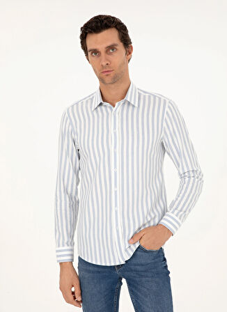 Cacharel Slim Fit Klasik Yaka Çizgili Mavi Erkek Gömlek KAVANGO