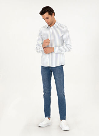 Cacharel Slim Fit Klasik Yaka Çizgili Mavi Erkek Gömlek KAVANGO