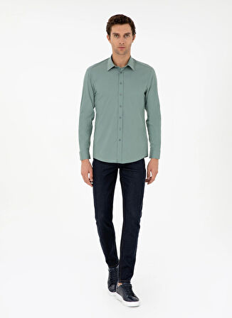 Cacharel Slim Fit Klasik Yaka Düz Yeşil Erkek Gömlek PIXEL