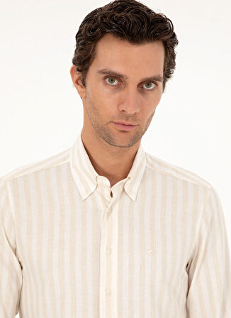 Cacharel Slim Fit Düğmeli Yaka Çizgili Bej Erkek Gömlek ABUJA